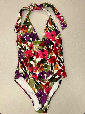 Shade & Shore Floral Print Halter Plunge Medium Coverage one piece swimsuit Med